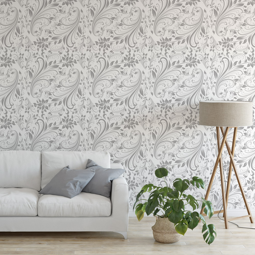 Sala decorada com papel de parede Cinza