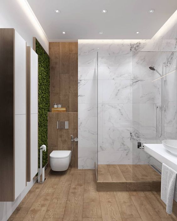 Banheiro Amadeirado Marmorizado e claroBanheiro amadeirado e marmorizado